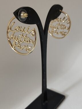 Gold Script Designer Hoop Earrings